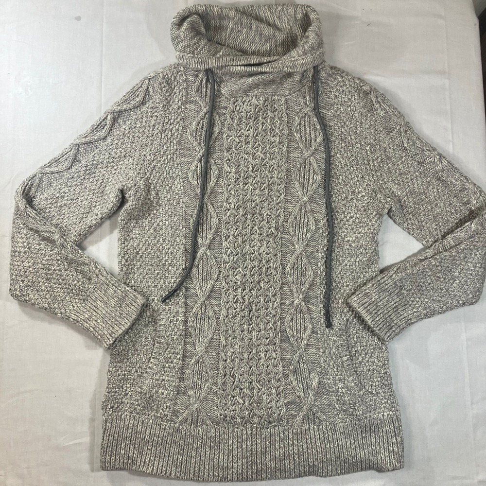 LL Bean Signature Gray Cable Knit Cowl Neck Cotton Sweater 302534 Mens Small